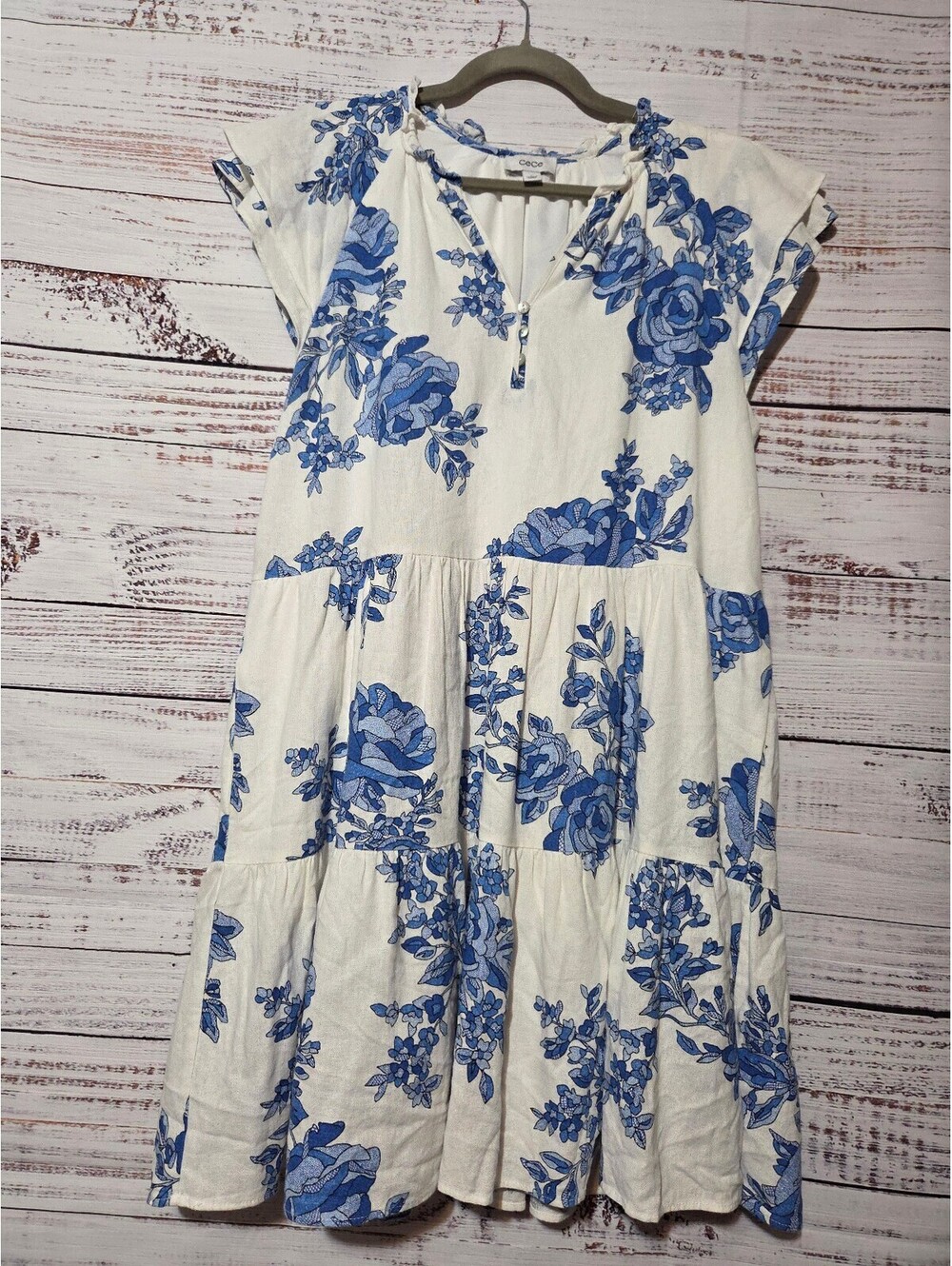 CeCe Large White Blue Floral Dress Linen Rayon Polyester